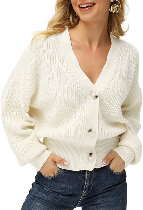 Buy Women V Neck Drop Shoulder Button Down Sweater Lantern Sleeve Knit Cardigan Tops White X