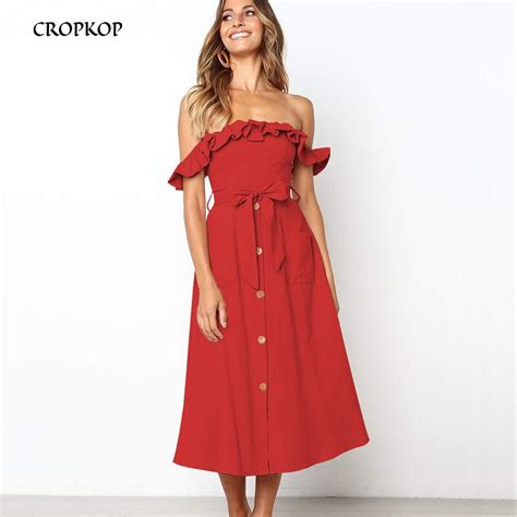 Cropkop Sexy Off Shoulder Backless Black Beach Summer Elegant Dress Women Cotton Buttons A Line
