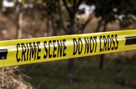 Crime Scene Tape Closeup Police Tape Do Not Cross Outdoors Stock Photo