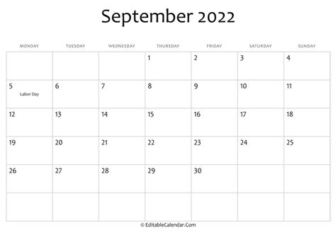 Editable Calendar September 2022