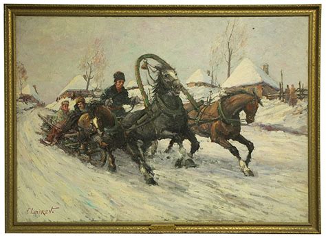 Swc Large Russian Oil Painting Horses And Sleigh Lazarev Ebay