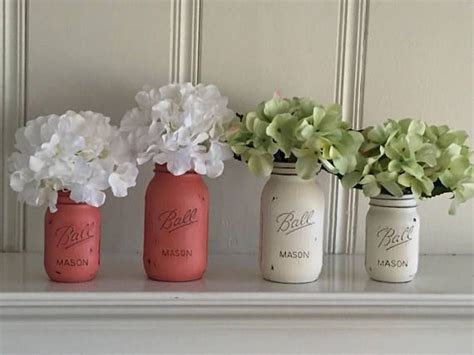 Four Painted And Distressed Mason Jars Floral Arrangement Quart Size