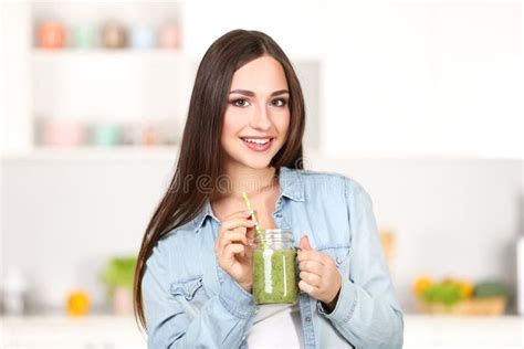 Woman Drinking Fresh Smoothie Stock Image Image Of Green Mixer 133607443