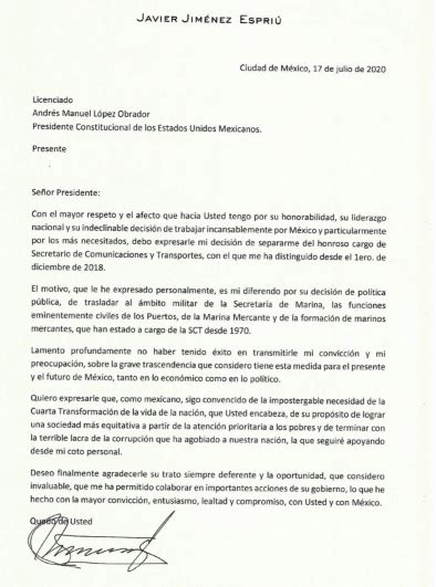 Carta íntegra De La Renuncia De Javier Jiménez Espriú — Infonorte