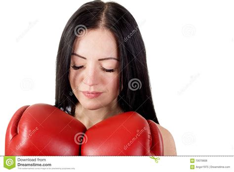 Portrait Of Beautiful Young Woman With Boxing Gloves And Closed Stock