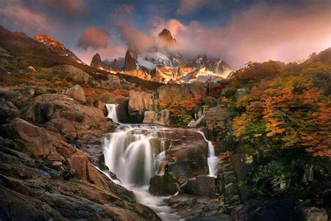 Patagonia In Autumn Hidden Waterfall With Mt Fitz Roy In The