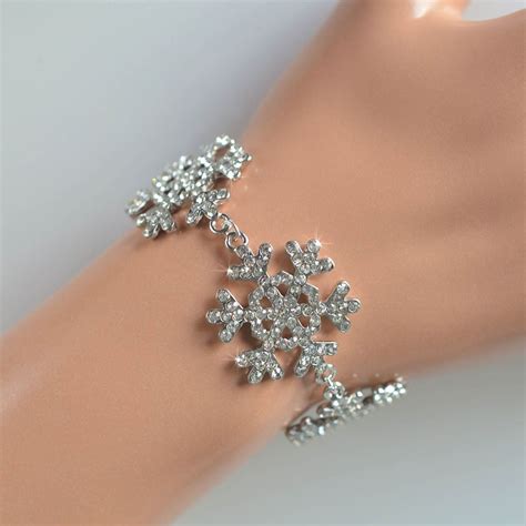 Handmade Crystal Rhinestone Winter Snowflake Bridal Bracelet Sparkle