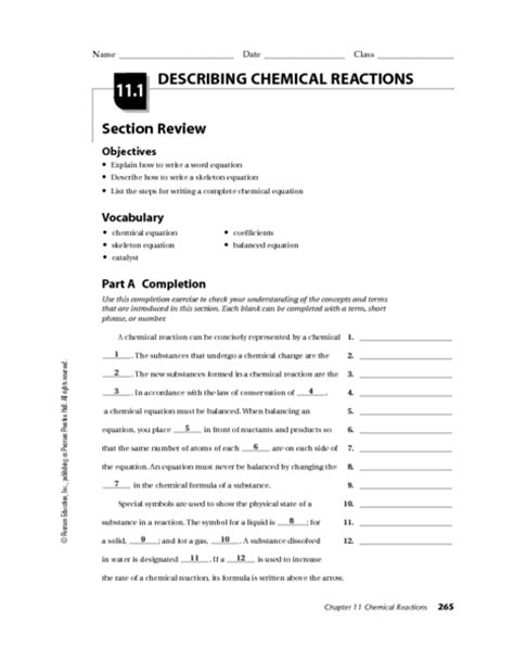 Describing Chemical Reactions Worksheet For 10th 12th Grade Lesson