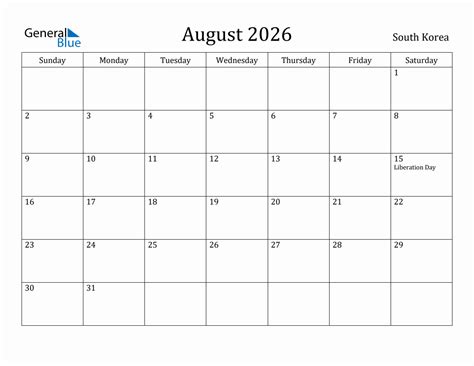 August 2026 Monthly Calendar With South Korea Holidays