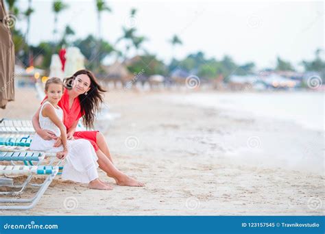 Beautiful Mother And Daughter At Caribbean Beach Enjoying Summer Vacation Stock Image Image Of