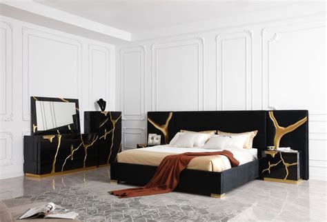 Modrest Aspen Eastern King Glam Black Velvet And Gold Bed Beds Bedroom