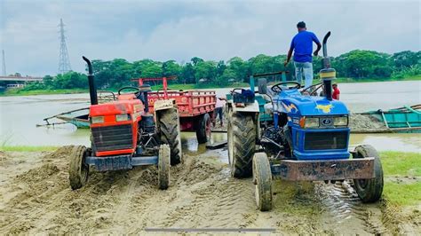 Eicher And Swaraj Tractor Loading In River With Stuck Tractor Fully