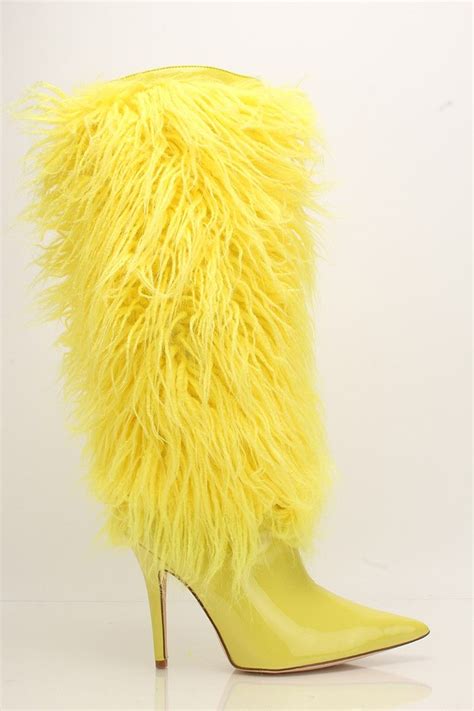 Yellow Patent Fur Tall Furry Heel Boots Style 2 Ways Heels Furry