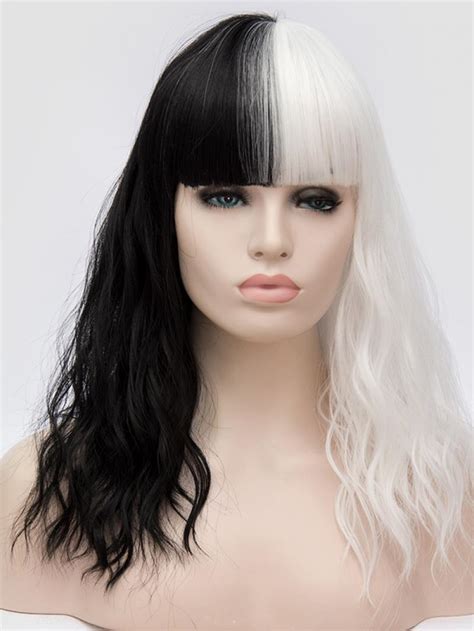 Half Black Half White Short Wavy Non Lace Wefted Wig With Bang