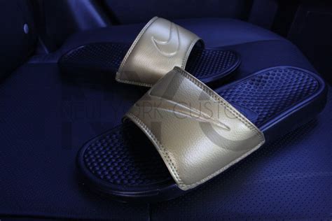 Gold Metal Nike Benassi Swoosh Slide Sandals Flip Flop Men