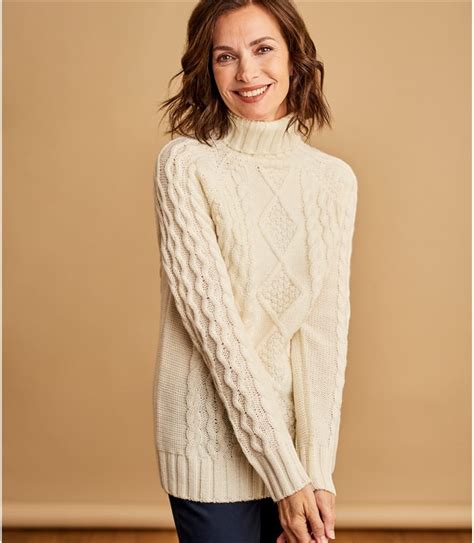 Cream Lace Womens Pure Wool Aran Turtle Neck Sweater Woolovers Us