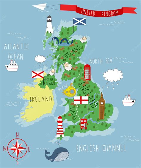Mapa De Dibujos Animados Del Reino Unido Vector Premium