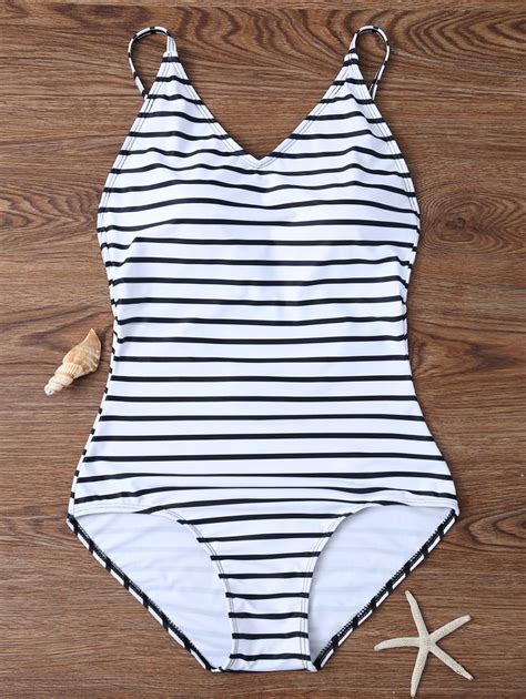 White L Backless Striped V Neck One Piece Swimsuit