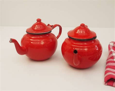 French Bright Red Enamel Teapots Set Of 2 Retro French Kitchen Decor