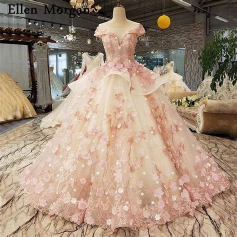 Princess Pink Lace Sheer Neck Puffy Elegant Ball Gowns Formal Dress