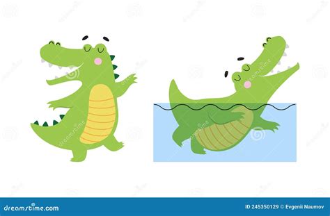 Cute Friendly Green Crocodiles Set Lovely Baby Alligators In Different