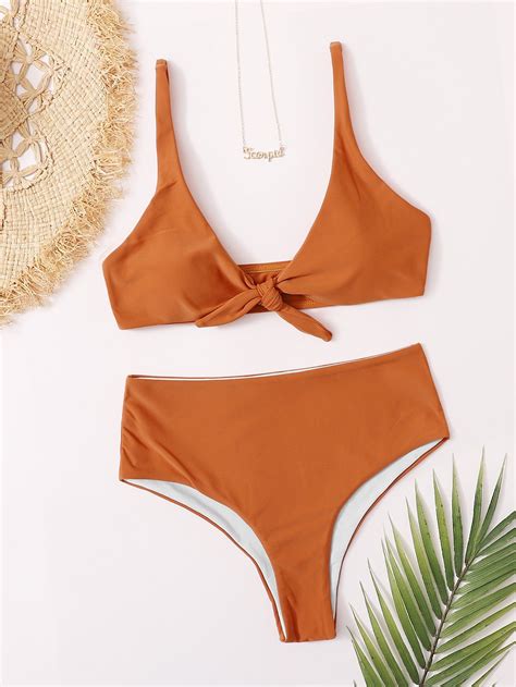 Knot Front High Waisted Bikini Swimsuit Shein Usa High Waisted