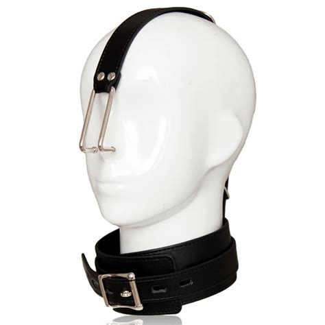 Fetish Metal Nose Hook Leather Collar Neck Harness Headgear Bondage