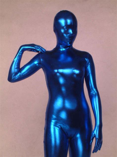 Full Body Lycra Spandex Zentai Costume Shiny Metallic Blue Catsuit Size