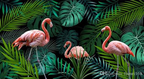 Tropical Rain Forest Plant Leaves Flamingo Mural Photo Wallpaper For