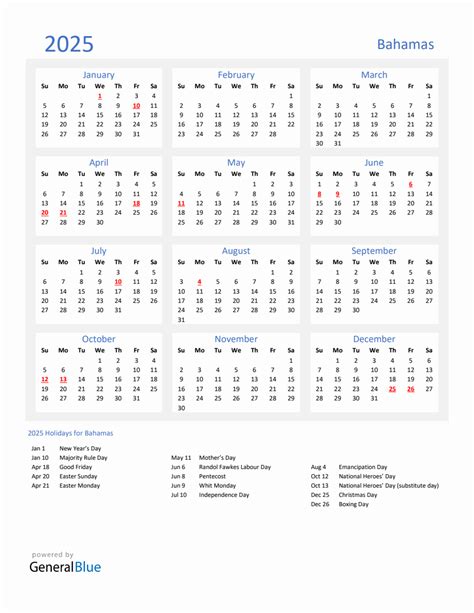 Basic Yearly Calendar With Holidays In Bahamas For 2025