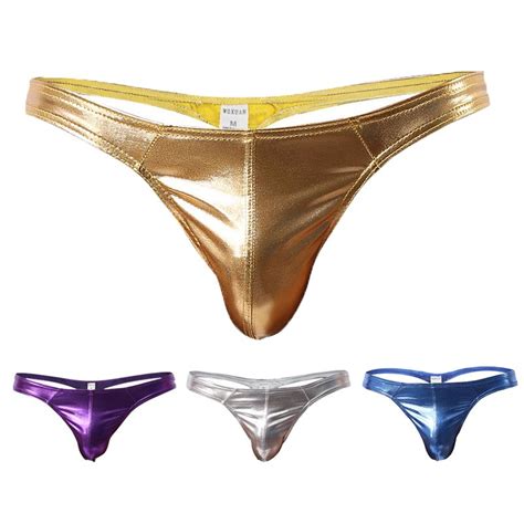 Discount Mens Hot Thong Underwear Sexy Male Tight Faux Leather G String Underwear Smooth Gold