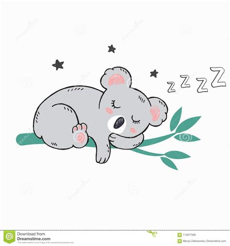 Vector Hand Drawn Illustration Of Little Cute Koala Sleeping On Green