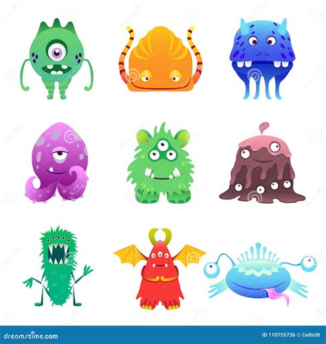 Cute Cartoon Monsters Alien Characte Set Vector Illustration Stock