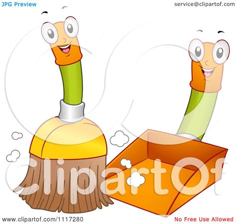 Cartoon Of A Happy Broom Sweeping Into A Dustpan Royalty