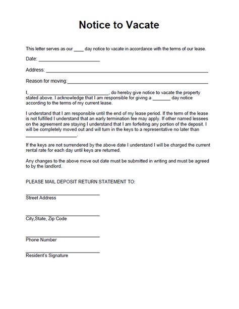 Notice To Vacate Form Free Form For A Residential Landlord Notice