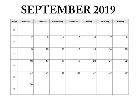 September 2019 Editable Blank Calendar Blank Calendar Monthly