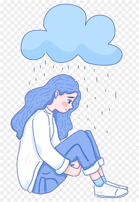 Hand Drawing Loneliness Girl Sitting Alone Under Rains On Transparent