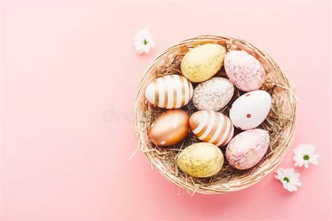 Easter Flat Lay Of Eggs In Nest On Pink Stock Image Image Of Paint