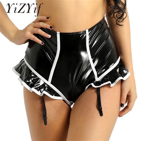 Aliexpress Com Buy YiZYiF Women Wetlook Sexy Panties Clubwear Faux Leather Ruffled Zipper