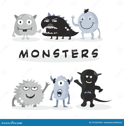 Six Funny Black And White Monsters Stock Illustration Illustration Of