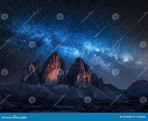 Milky Way Over Tre Cime Di Lavaredo At Night Dolomites Stock Image