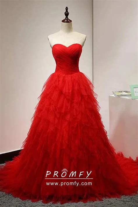 Great Red Tulle Pleated Ruffled Tiered Prom Dress Promfy