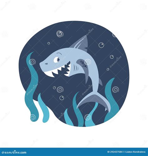 Cute Shark Pirate Laughs. Anchor Tattoo on Fin. Children Cartoon