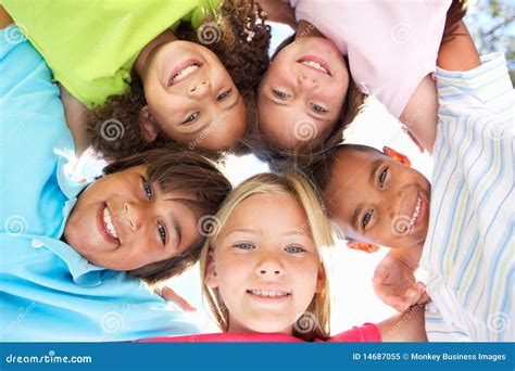 Group Of Children Looking Down Into Camera Stock Image Image Of Five