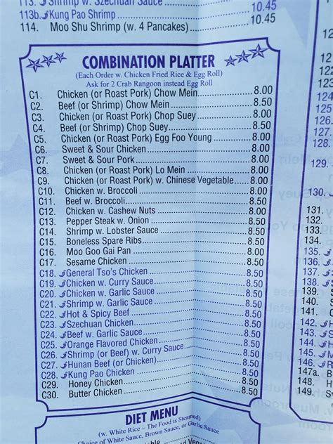 Menu at China Star restaurant, Sheboygan