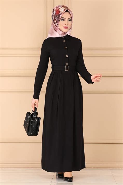 Pileli ve Düğmeli Tesettür Elbise PL960 Siyah - Moda Selvim