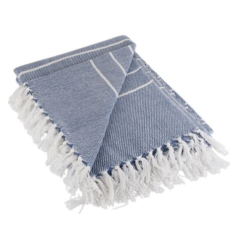 Blue And White Striped Knitted Fringed Throw Blanket 50 X 60