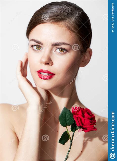 Woman With Bare Shoulders Holds A Hand Near Faces Red Lips Stock Image