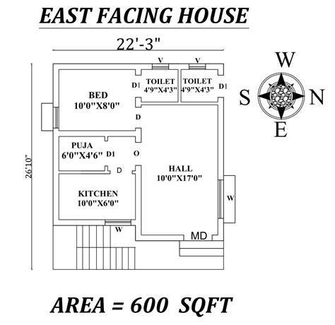 22x27 1bhk East Facing House Plan As Per Vastu Shastra Autocad