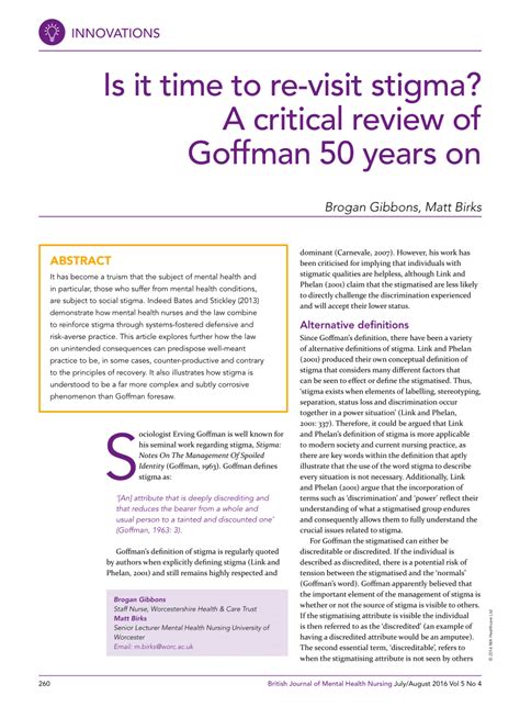 Pdf Is It Time To Re Visit Stigma A Critical Review Of Goffman 50